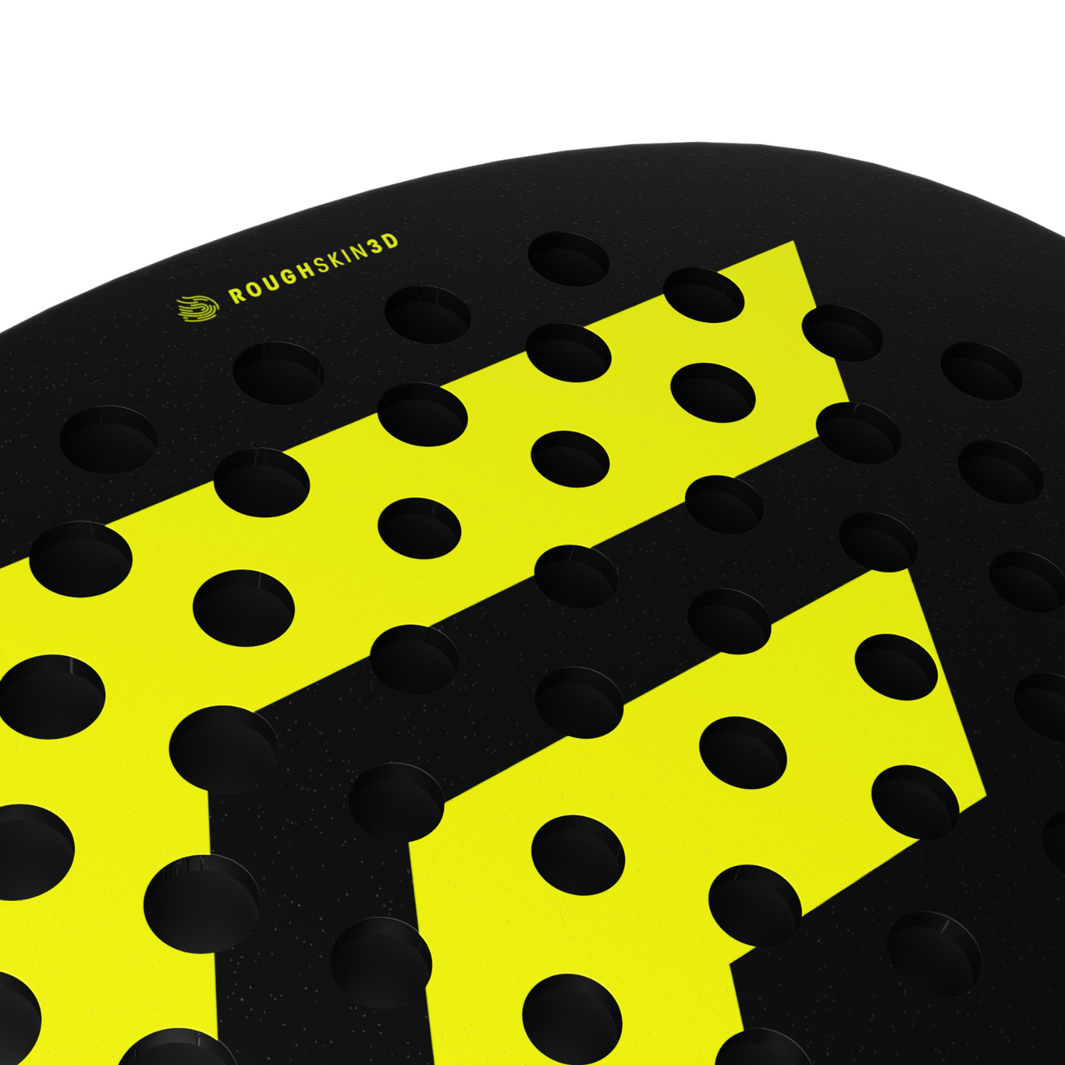 The face of a black and yellow Tecnifibre Bomba padel racket on a white background.