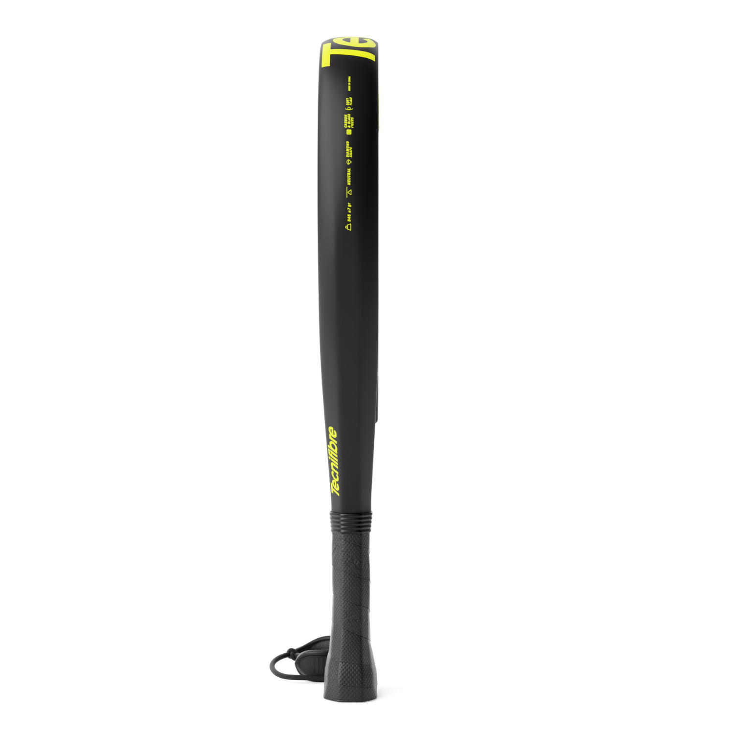 The side of a black and yellow Tecnifibre Bomba padel racket on a white background.