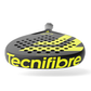 The top of a black and yellow Tecnifibre Bomba padel racket on a white background.