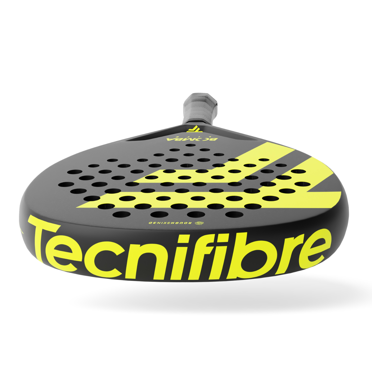 The top of a black and yellow Tecnifibre Bomba padel racket on a white background.
