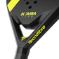 Close-up of a black and yellow Tecnifibre Bomba padel racket on a white background.