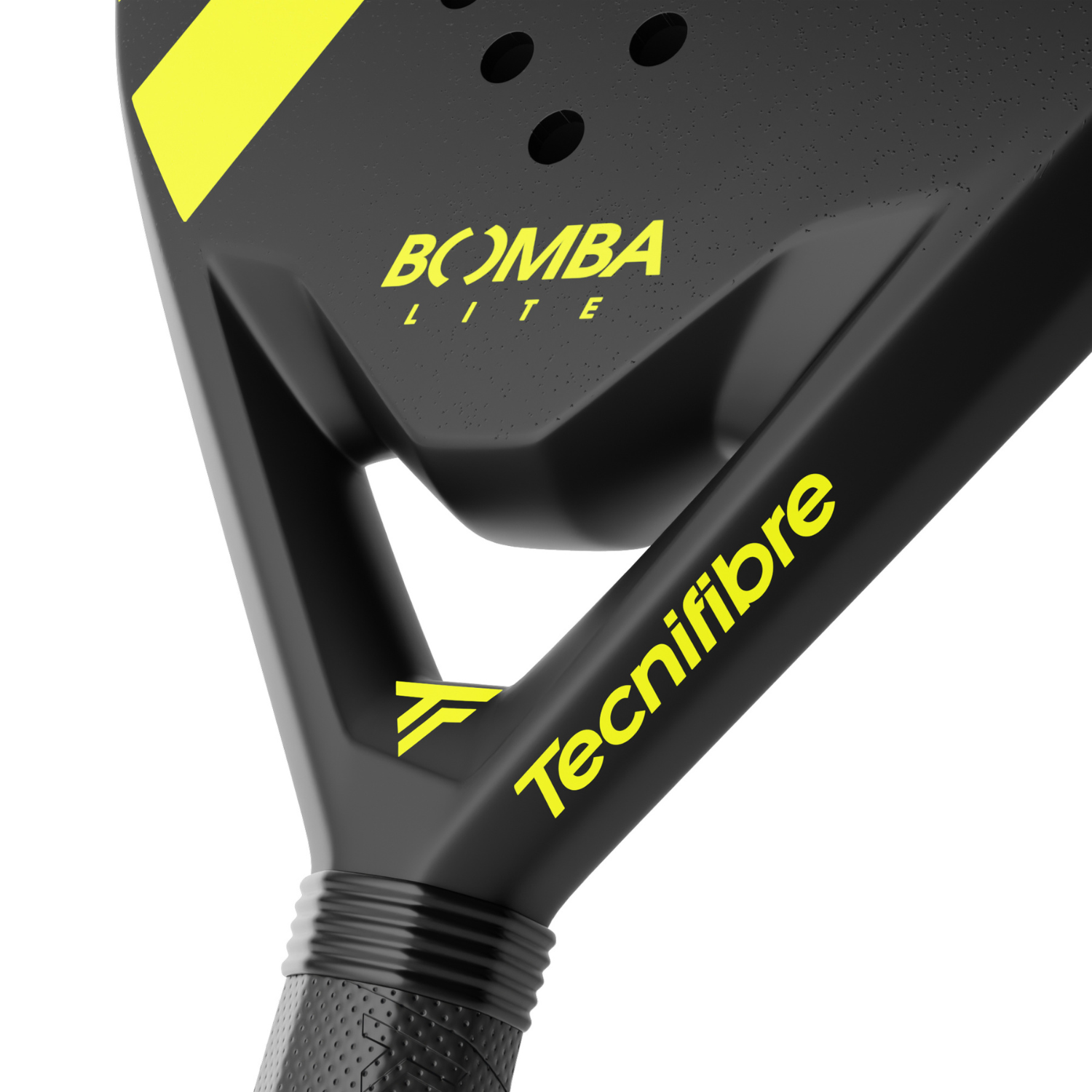 Close-up of a black and yellow Tecnifibre Bomba padel racket on a white background.