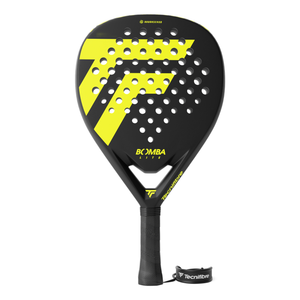 A black and yellow Tecnifibre Bomba padel racket on a white background.