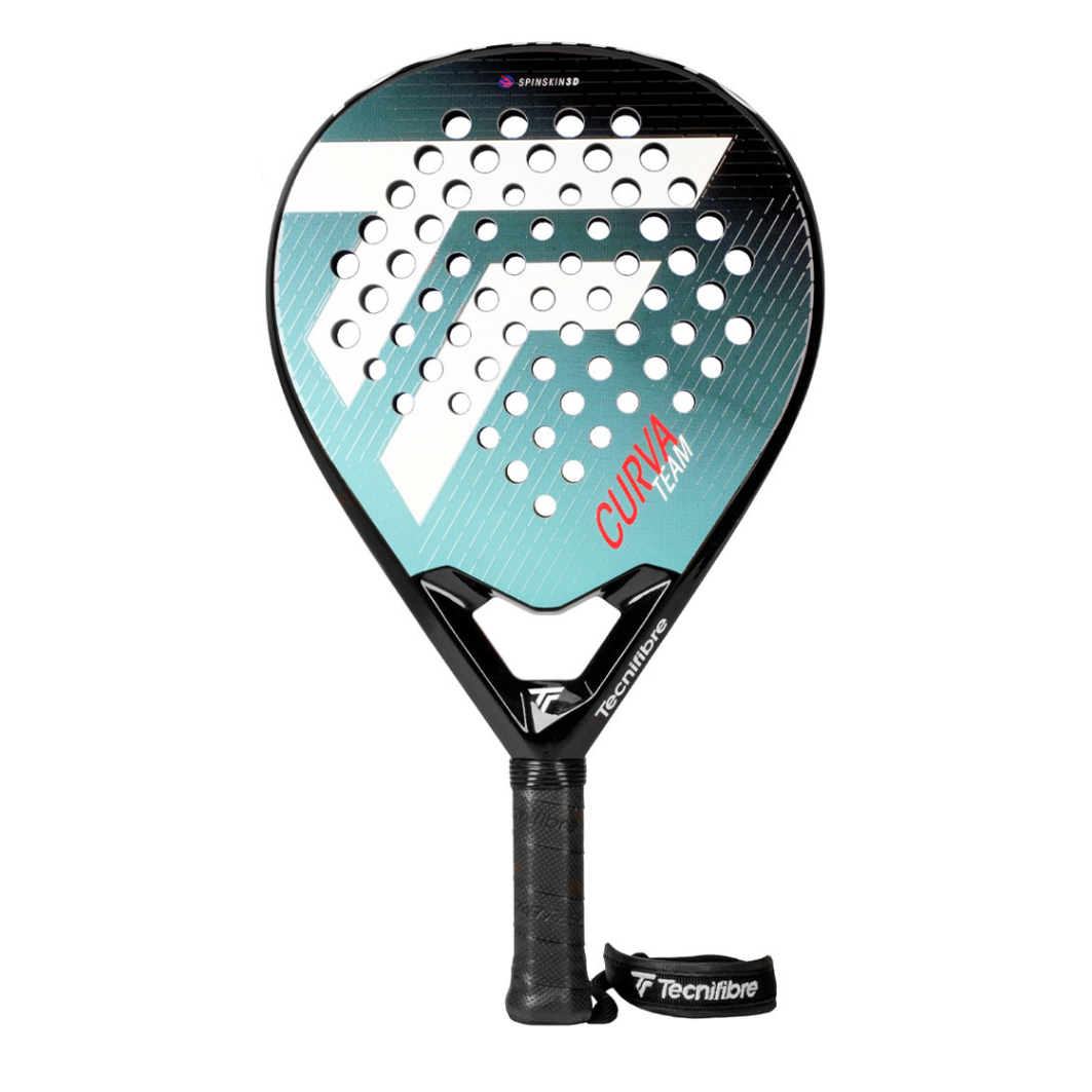 A blue and white Tecnifibre Curva padel racket.