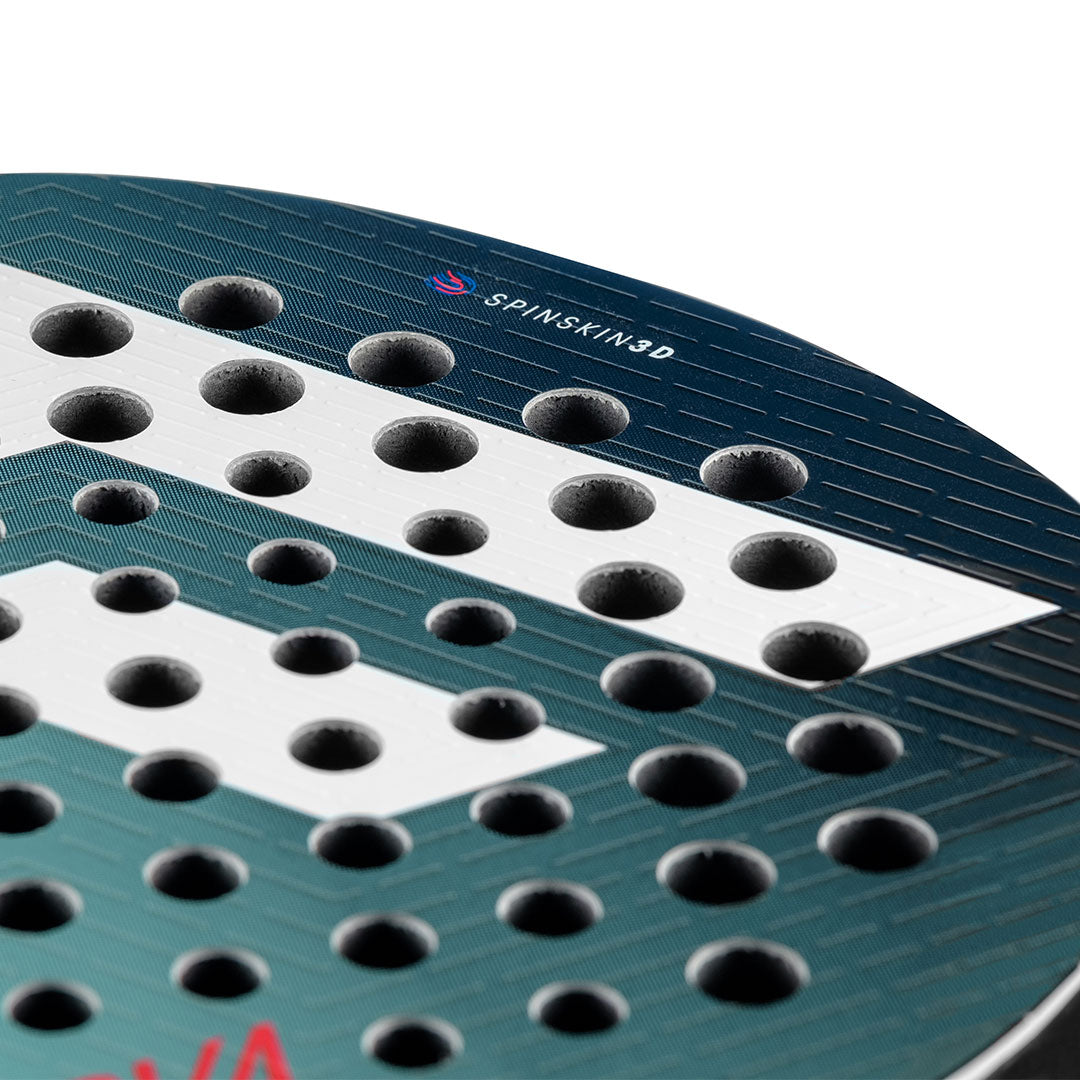 The face of a blue and white Tecnifibre Curva padel racket.