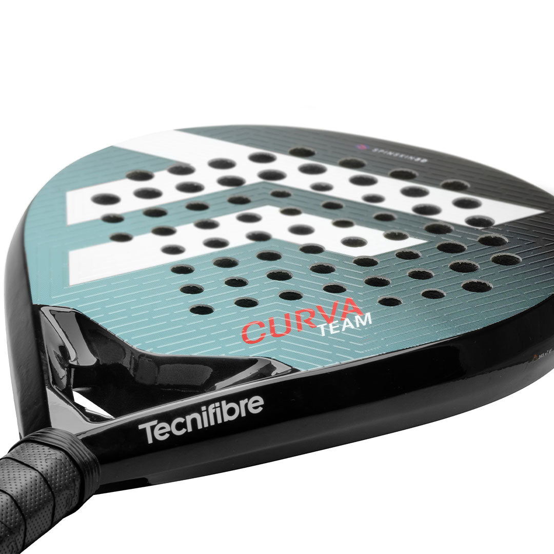 A blue and white Tecnifibre Curva padel racket.