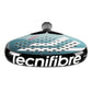 The top of a blue and white Tecnifibre Curva padel racket.