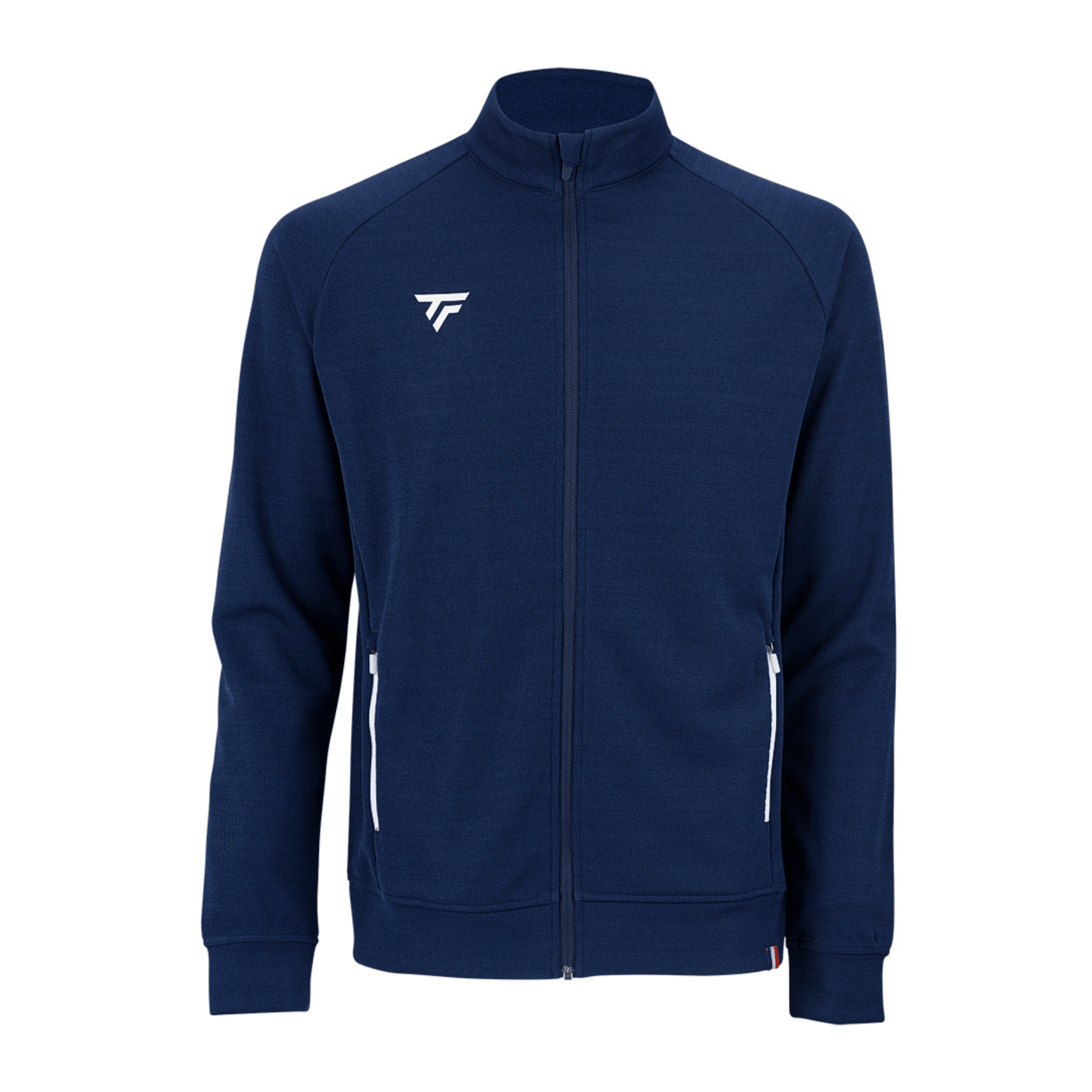 Blue Tecnifibre mens zip-up sports jacket with a white logo on a white background