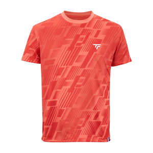 Red patterned sports t-shirt with a white Tecnifibre logo on a white background