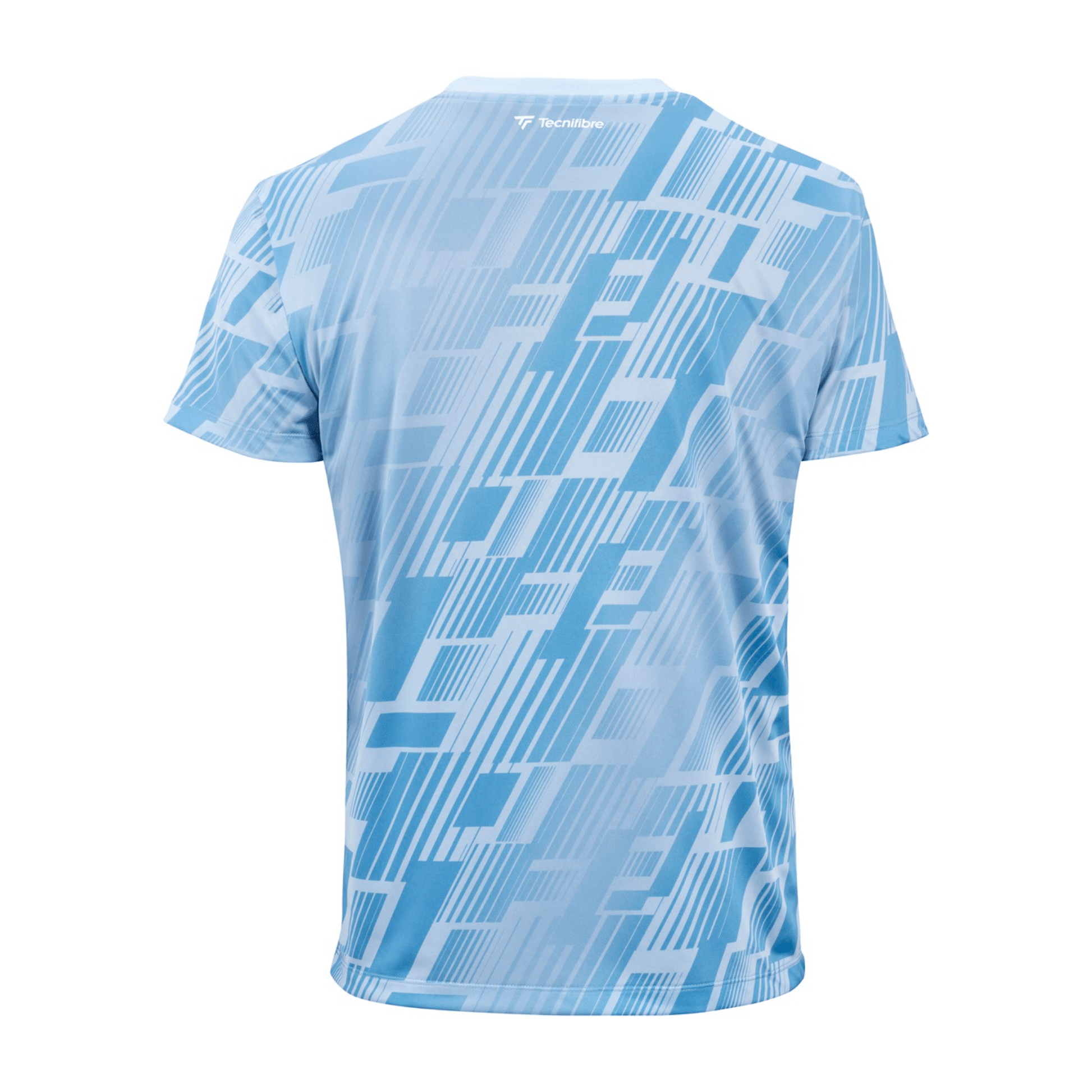 Back of a blue and white Tecnifibre mens sports t-shirt