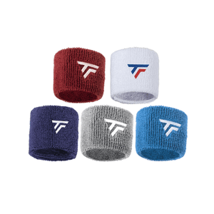 Tecnifibre sports wristbands on a white background, available in five different colours- red, white, navy, grey, blue