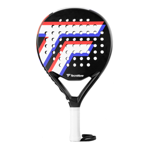 A black Tecnifibre padel racket, with red, white and blue branding on a white background.