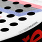 Close-up of a white Tecnifibre padel racket with red, black and blue branding.
