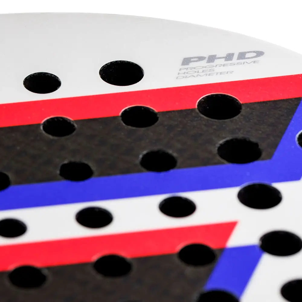 Close-up of a white Tecnifibre padel racket with red, black and blue branding.