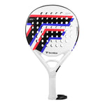 A white Tecnifibre padel racket with red, black and blue branding.
