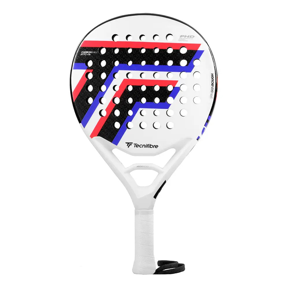 A white Tecnifibre padel racket with red, black and blue branding.