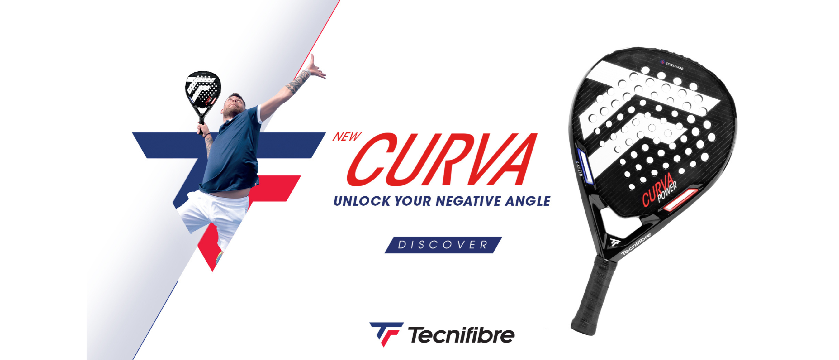 Tecnifibre Curva paddle with a player and brand logo on a white background