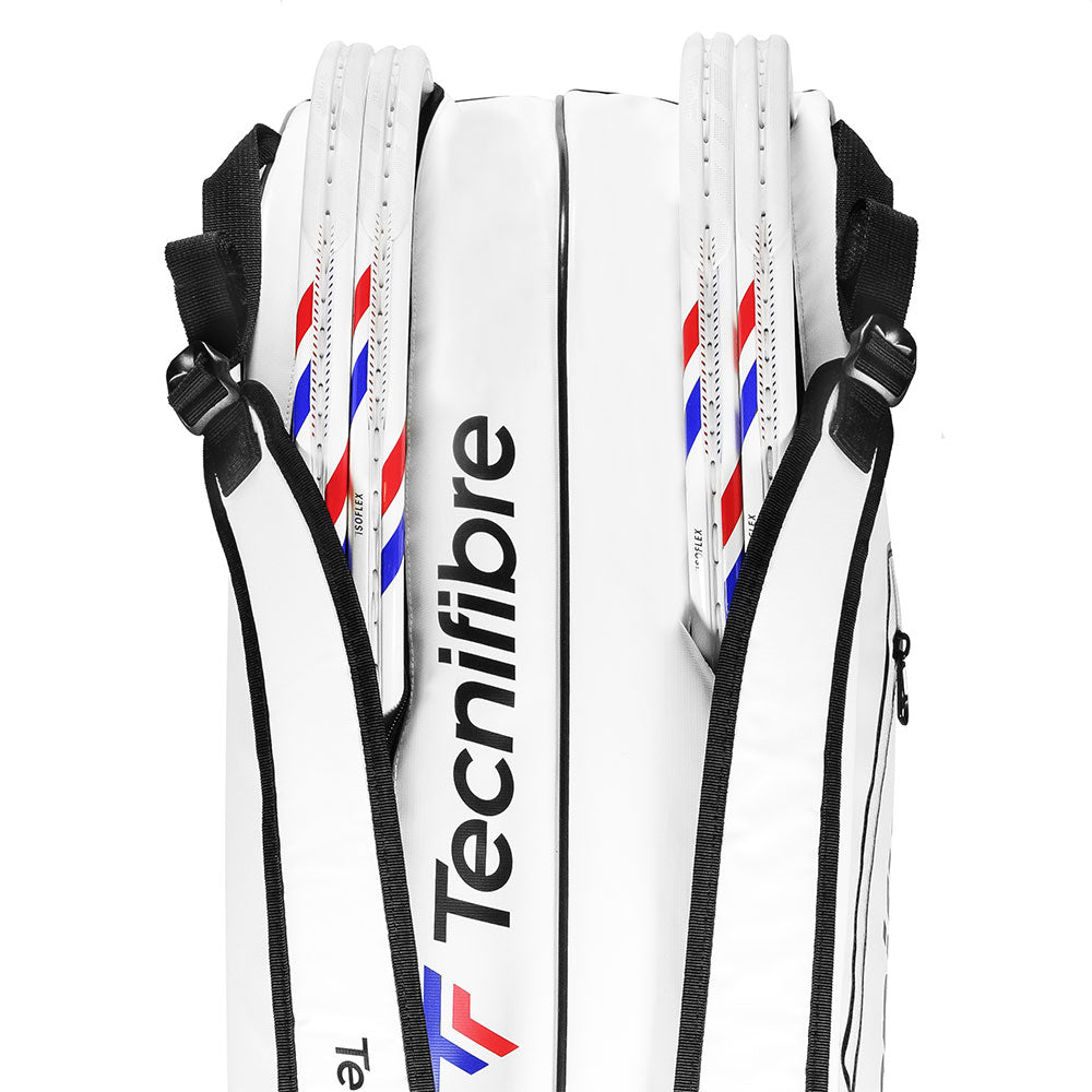 Technifibre White Padel racket bag with Tecnifibre branding on a white background
