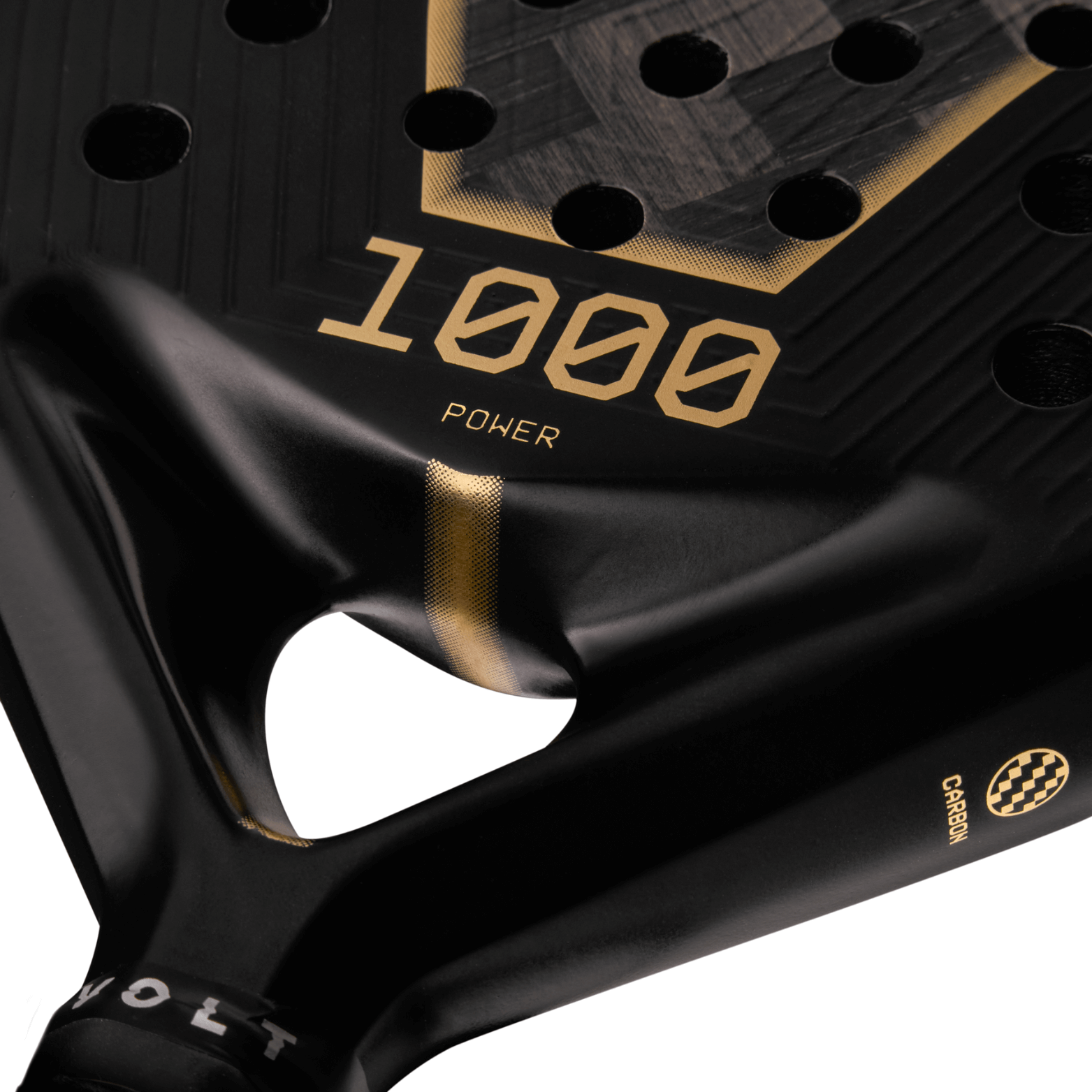 Close-up of a black and gold Volt padel tennis racket with '1000 Power' branding.