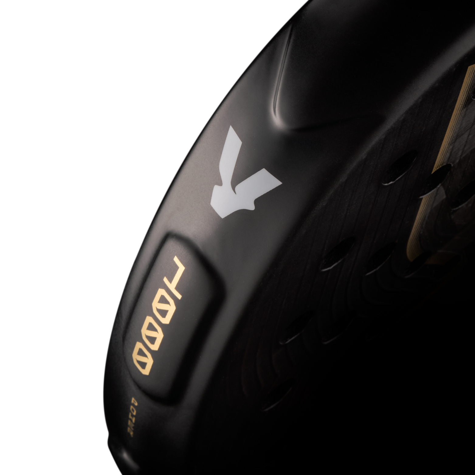 Close-up of a black Volt 1000 padel racket with a brand logo on a white background
