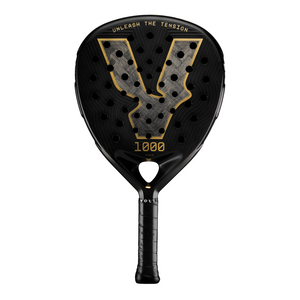 front view of black and gold Volt Padel racket with brand logo on a white background