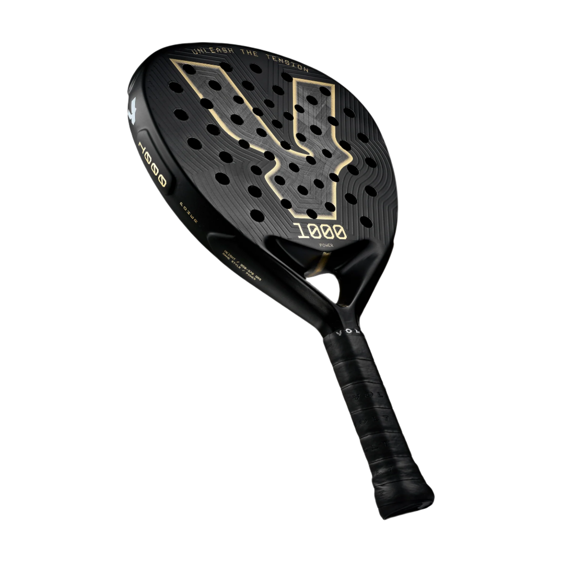 Volt 1000 Black and gold padel racket full image on a white background