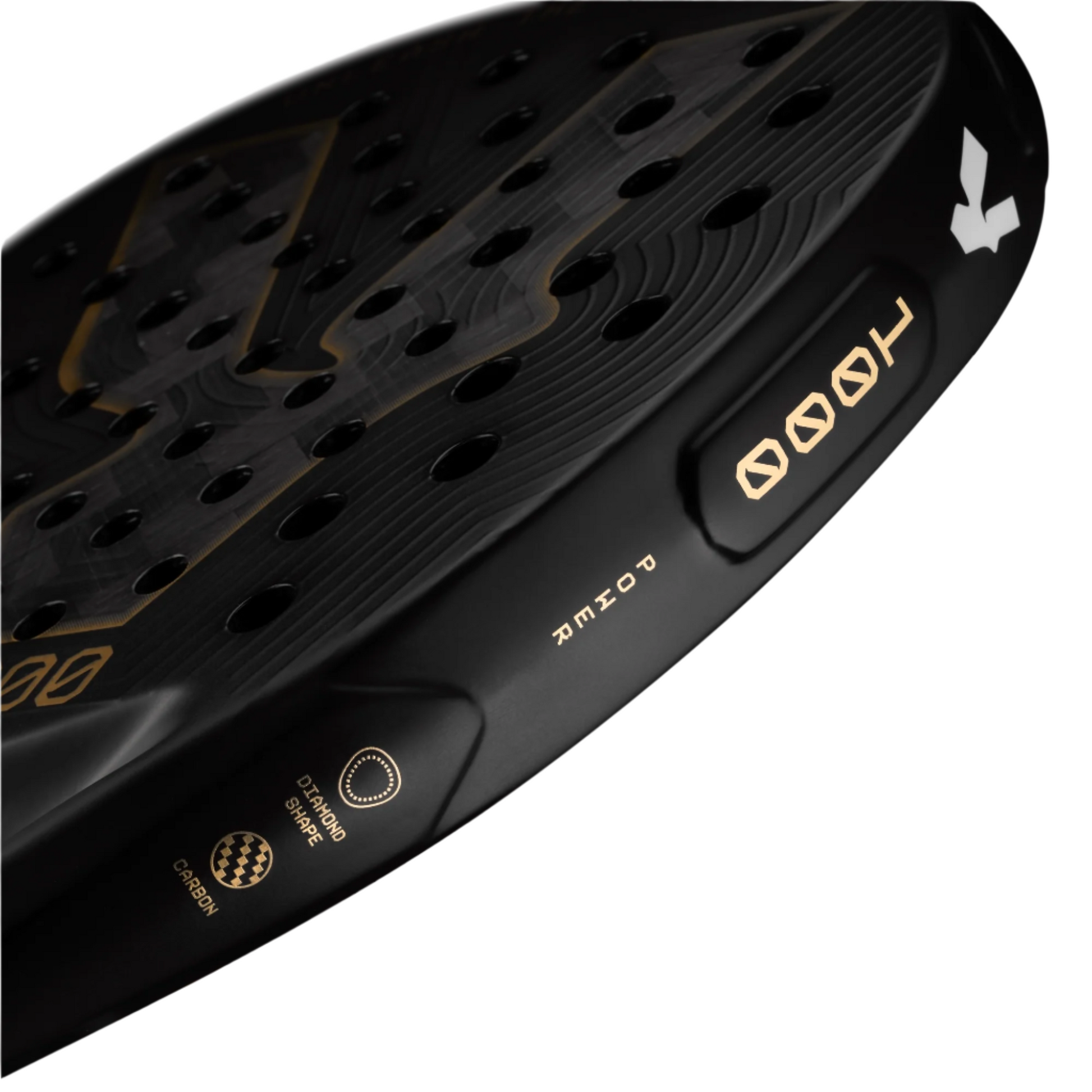 Close-up of the side of the Volt 1000 black paddle with gold branding on a white background