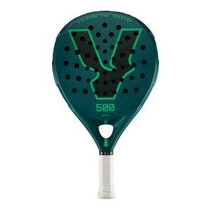 Green and black Volt 500 padel racket with white handle on a white background