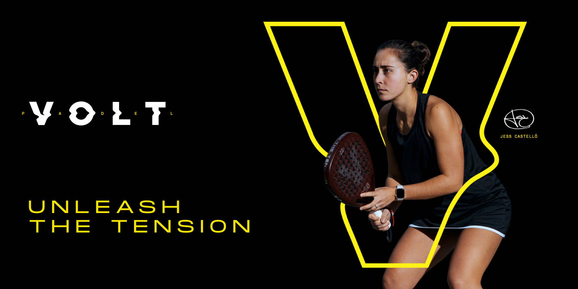 Woman holding a smart padel racket with 'VOLT' branding and text on a black background