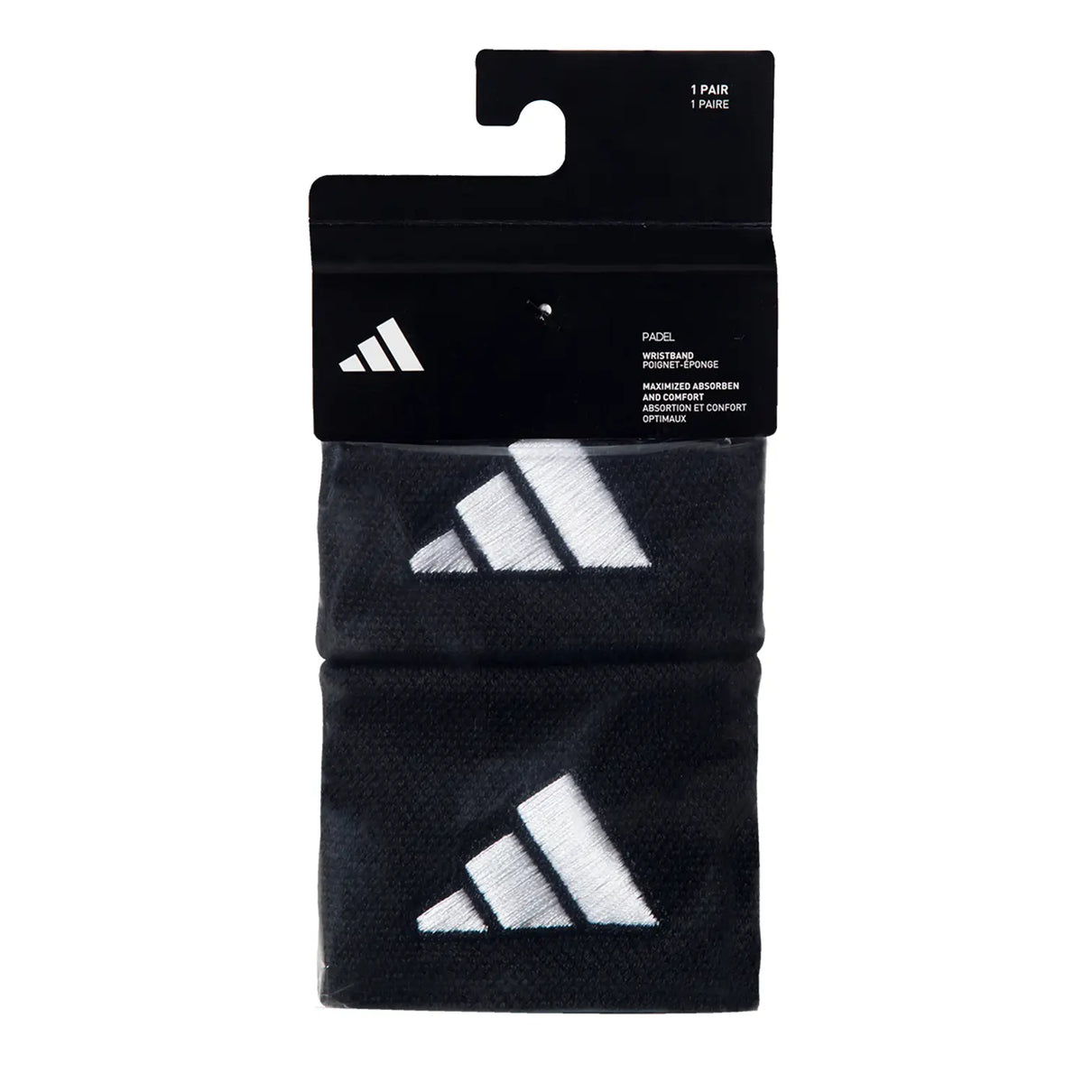 A pair of black Adidas wristbands with a white logo, in black packaging on a white background.
