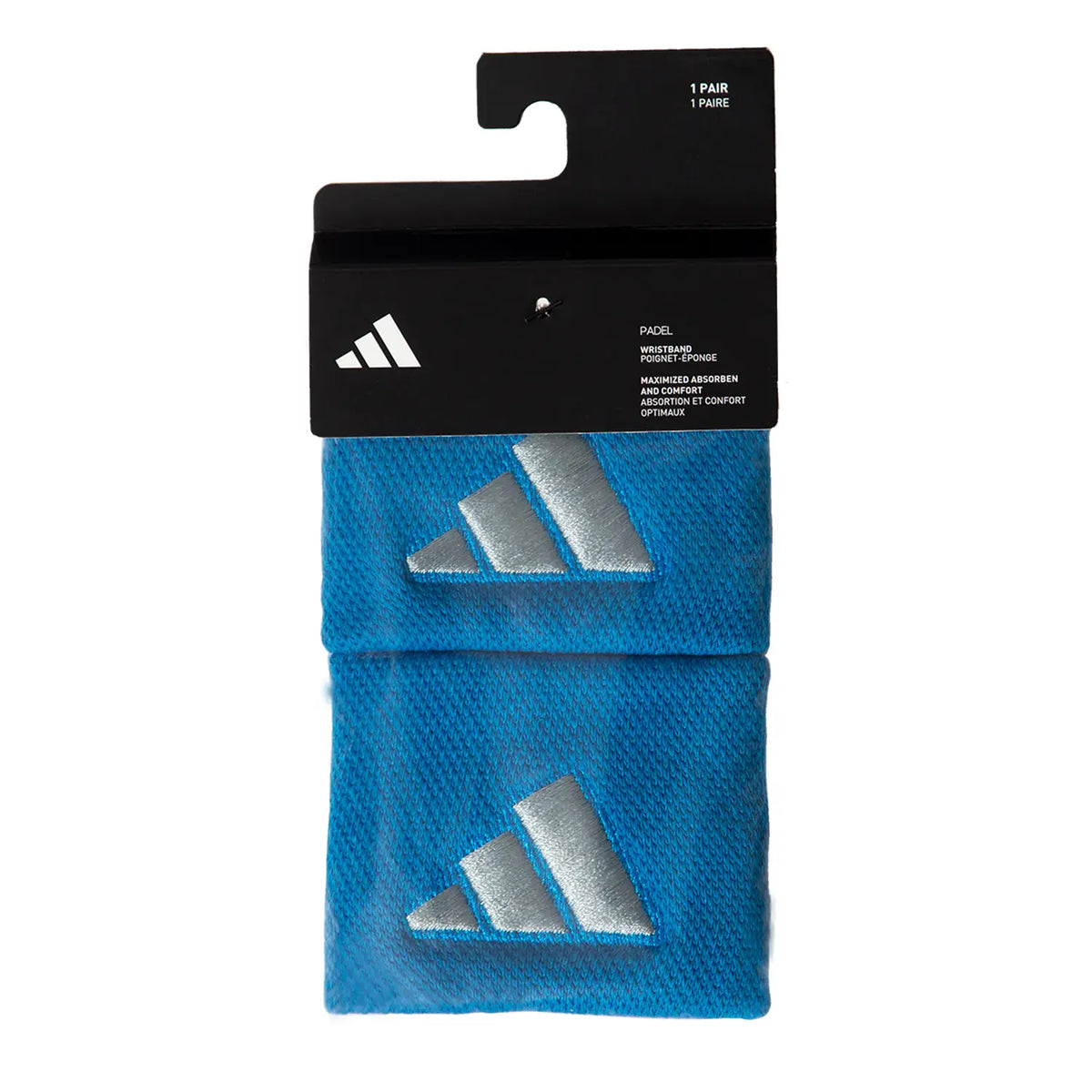 A pair of blue Adidas wristbands with a silver logo, in black packaging on a white background.