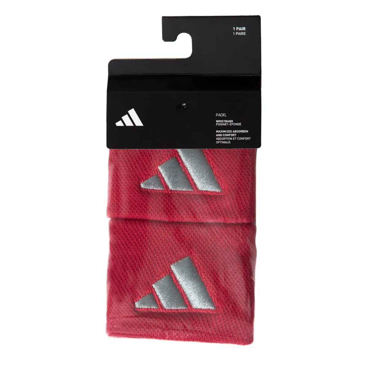 A pair of red Adidas wristbands with a silver logo, in black packaging on a white background.