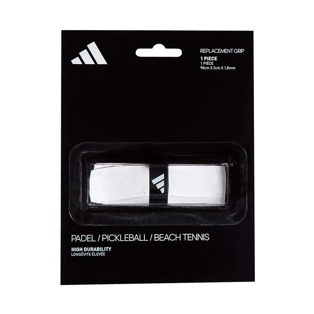 A white Adidas padel tennis racket grip in black packaging on a white background.