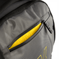 Gray backpack with yellow interior and visible brand logo on a white background