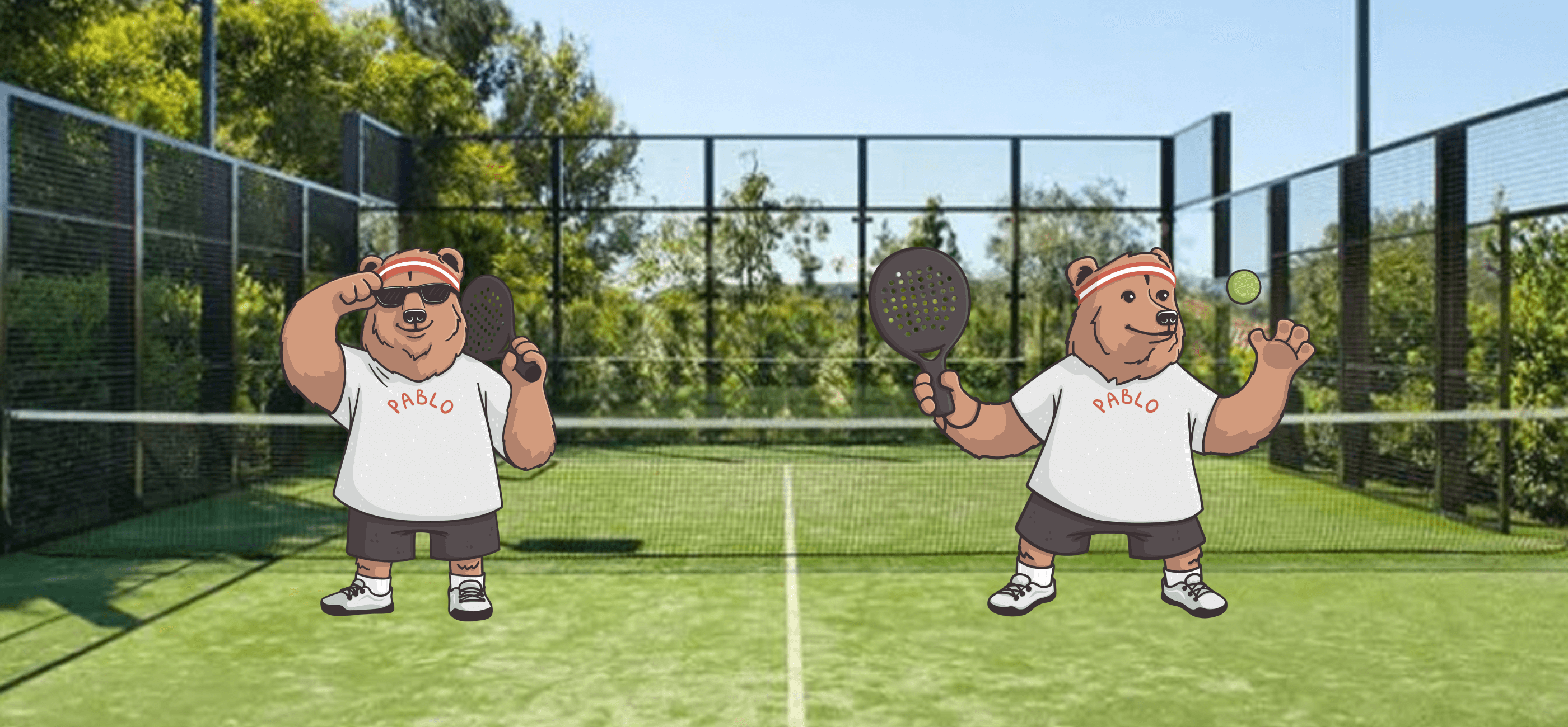 Pablo the Padel Bears mascot standing on a padel court, helping customers to find their perfect padel.