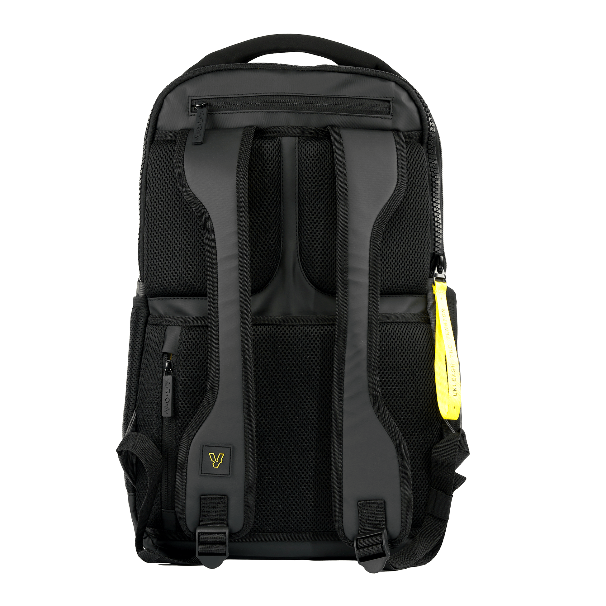 Grey sports backpack with yellow accents on a white background