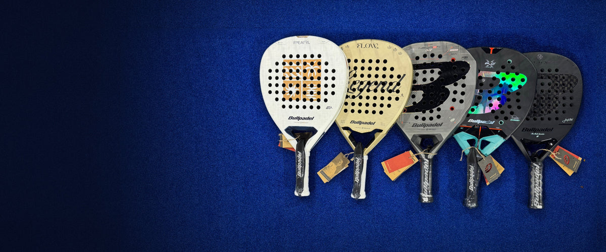 The Bullpadel 2027 racket range on a blue padel court.