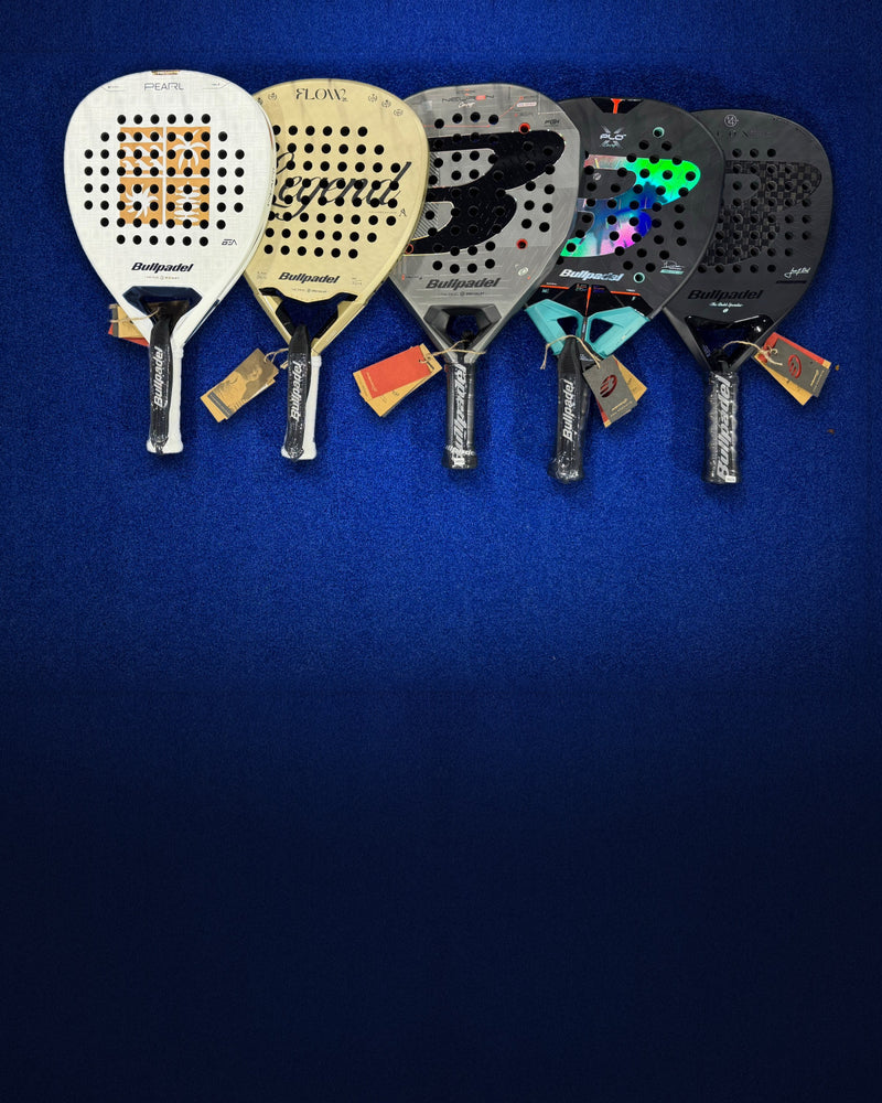 The Bullpadel 2027 racket range on a blue padel court.