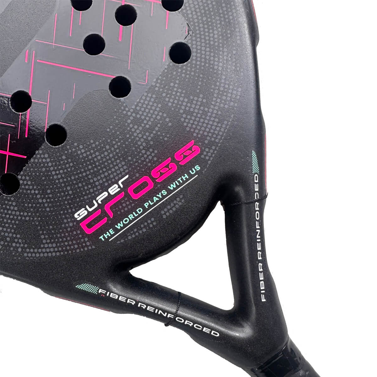 A close up of a pink and black Royal Padel padel racket on a white background.
