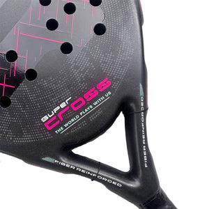 A close up of a pink and black Royal Padel padel racket on a white background.