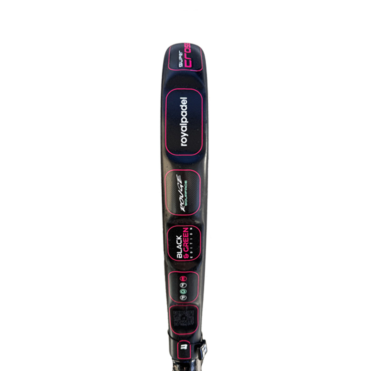 The side of a pink and black Royal Padel padel racket on a white background.