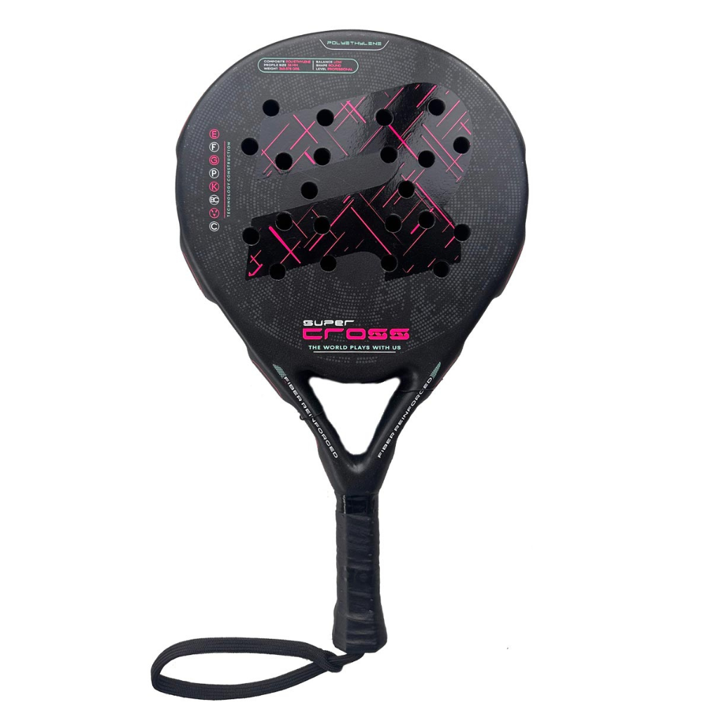 Pink and black Royal Padel padel racket on a white background.