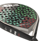 Close-up of a Siux padel racket with geometric pattern on a white background