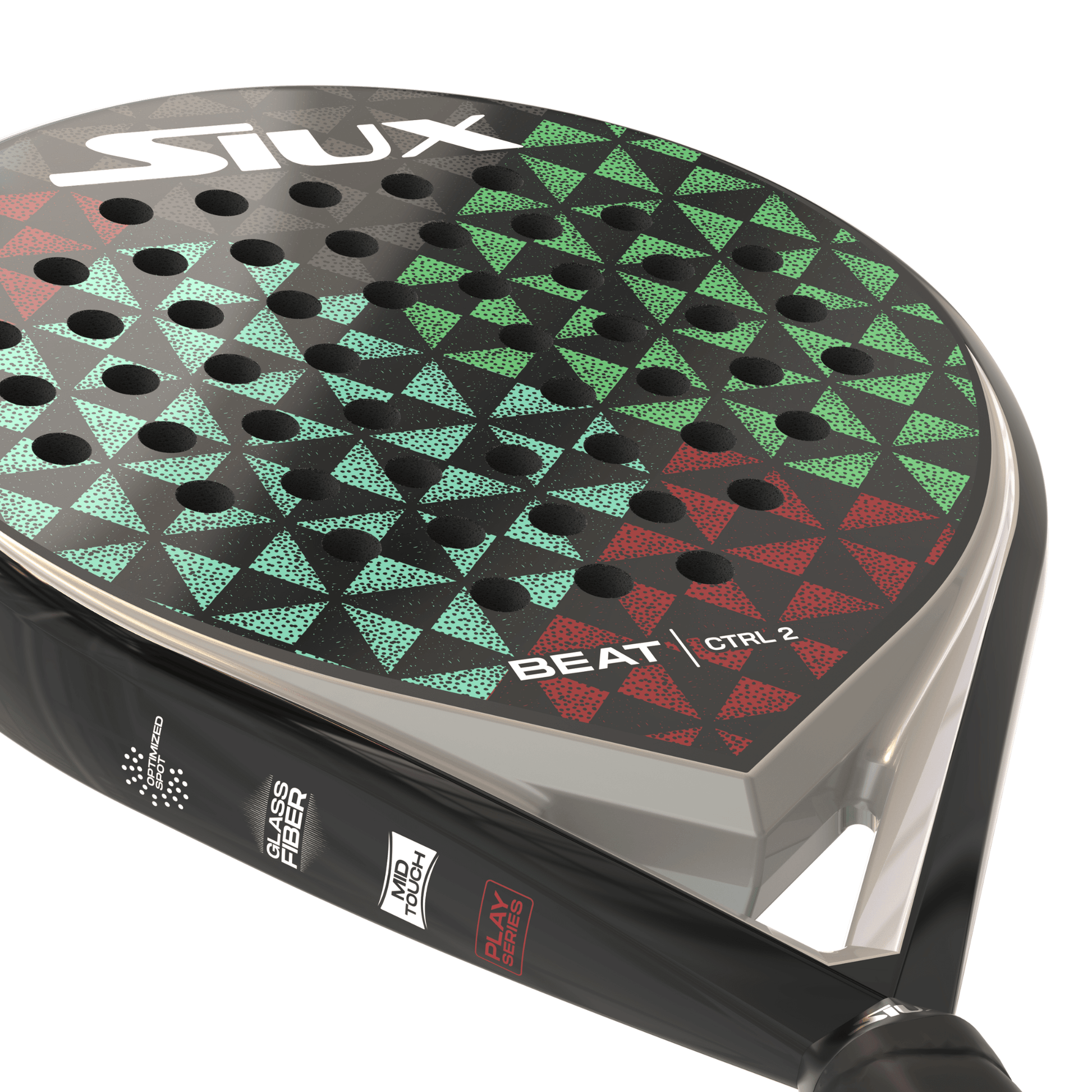 Close-up of a Siux padel racket with geometric pattern on a white background