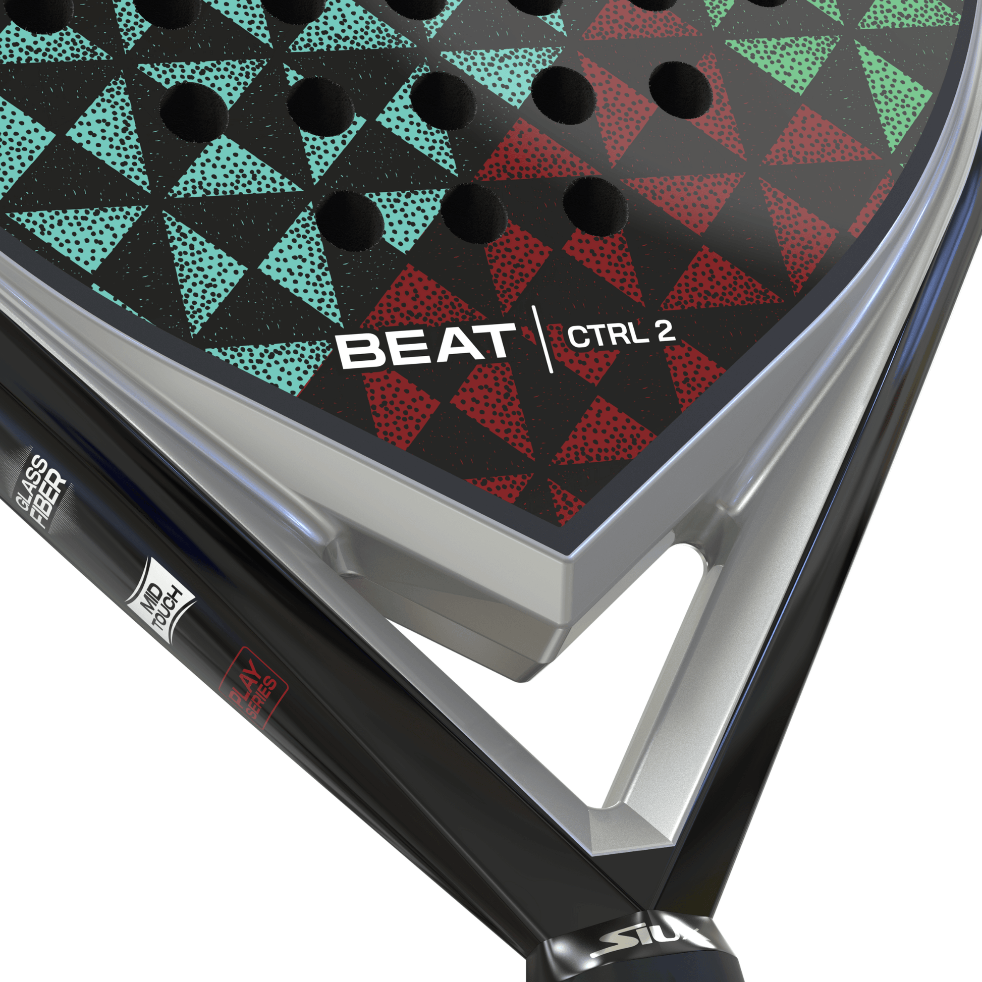 Close-up of a padel tennis racket with geometric pattern and 'Siux BEAT CTRL 2' branding.