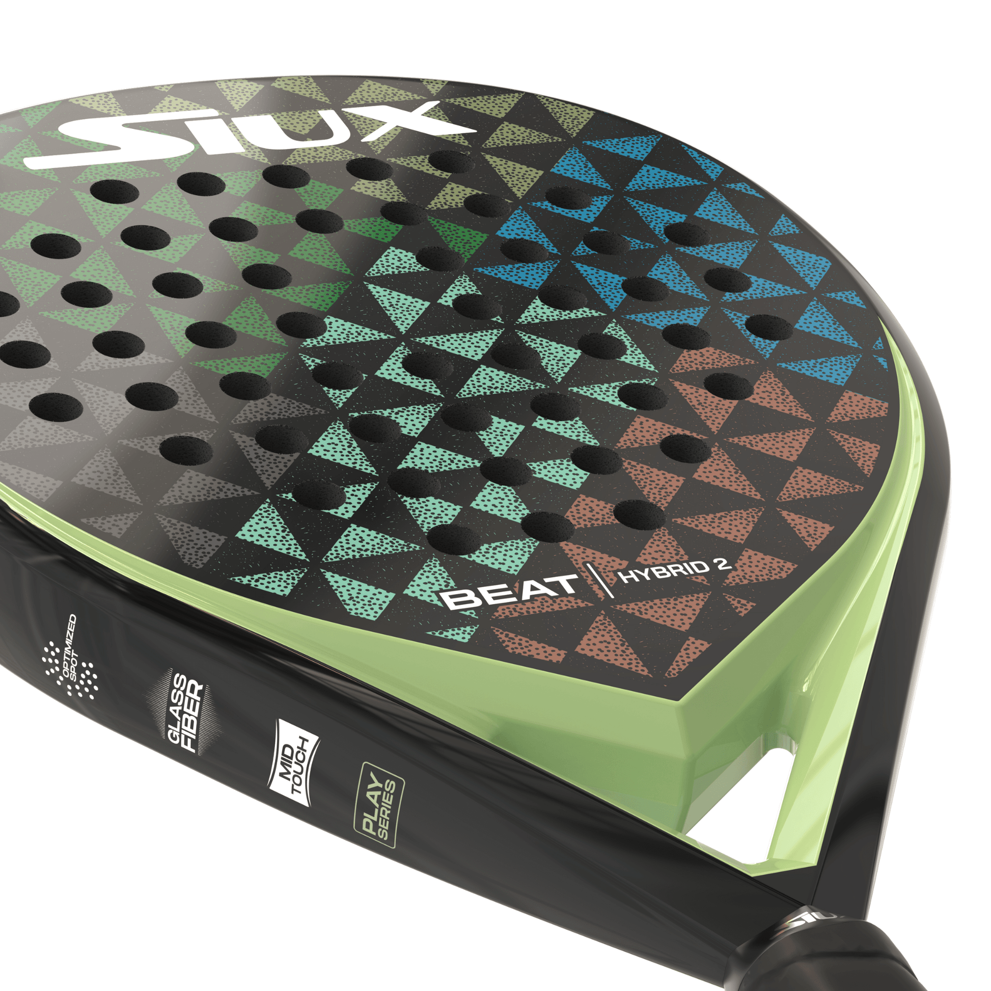 Siux Padel racket with geometric pattern on a white background