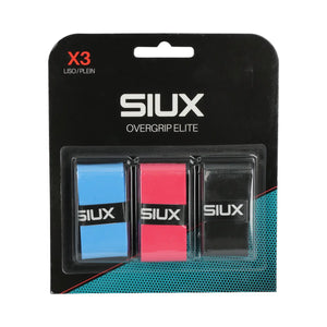 A multi-colour pack of 3 Siux padel overgrips, in black packging on a white background.