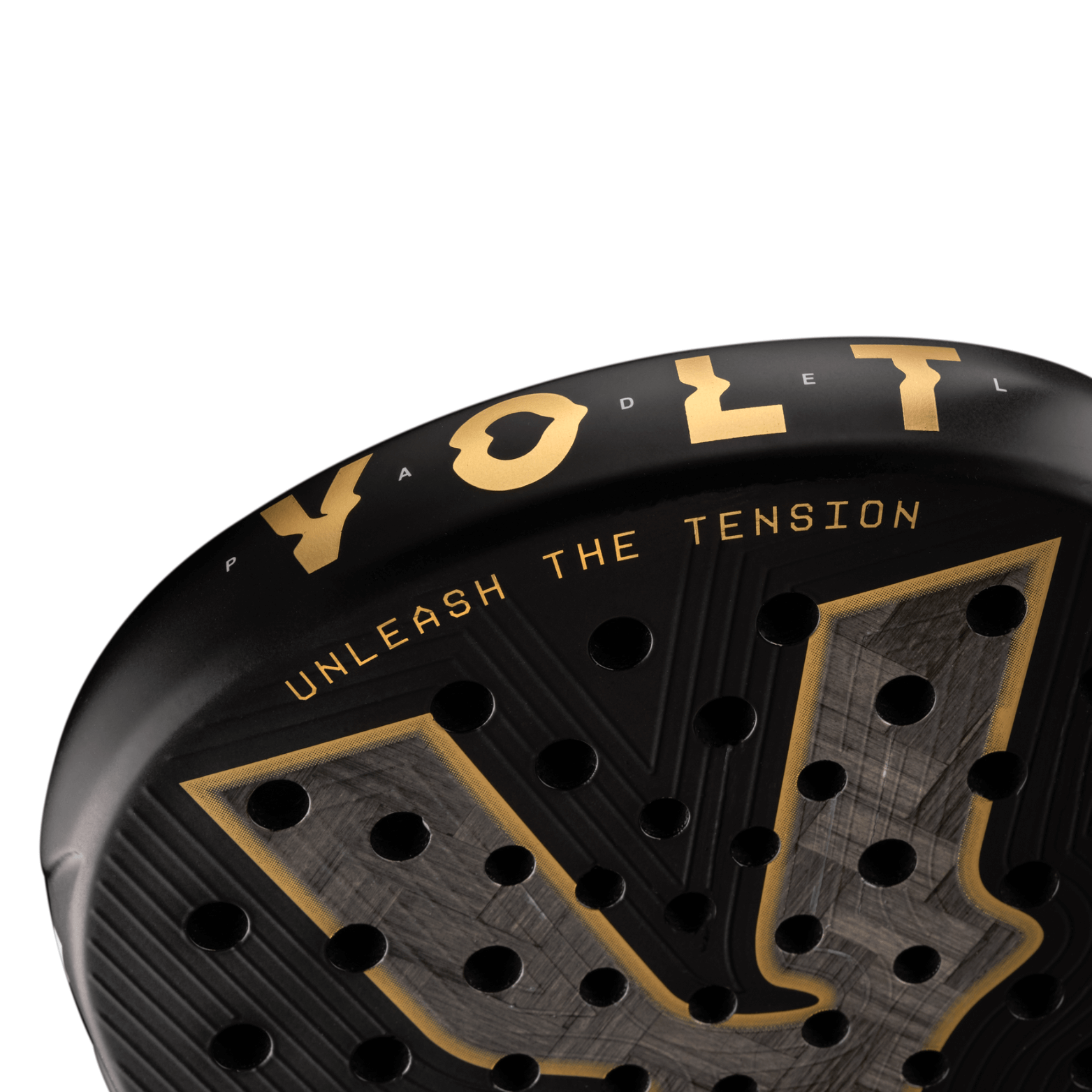 Close-up of a padel racket face with 'VOLT' branding and text on a white background