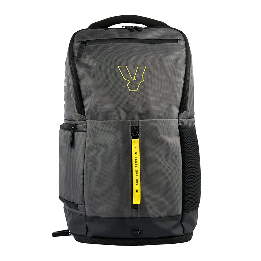 Gray backpack with yellow Volt accents on a white background