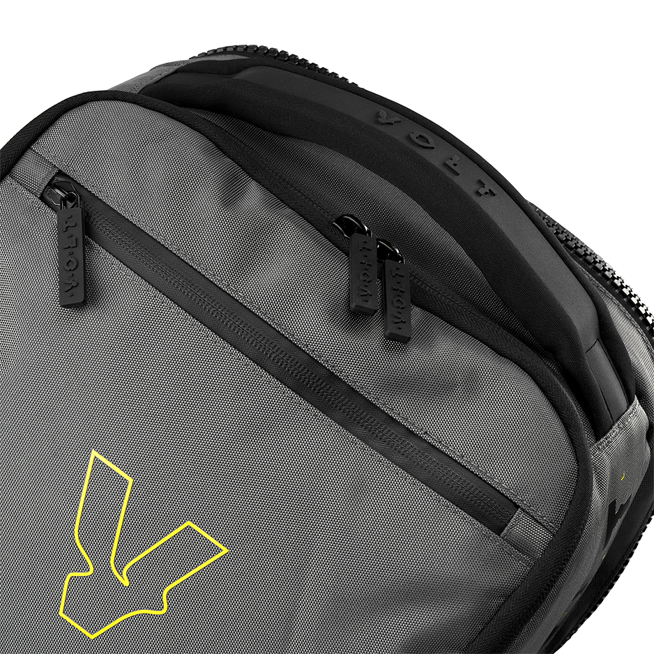 Gray backpack with a yellow Volt logo on a white background